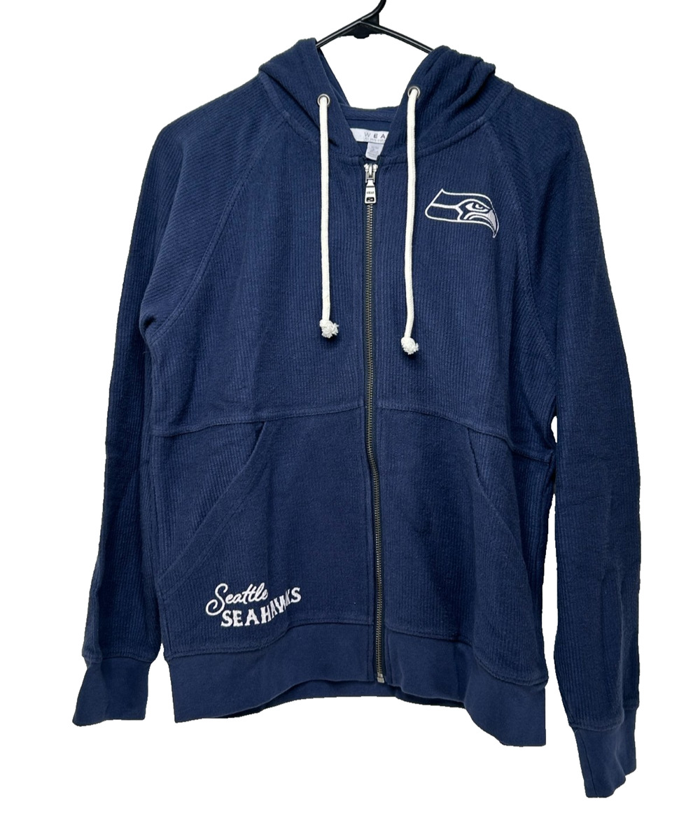 Seattle Seahawks Women’s Hoodie Wear By Erin Andrews Textured Blue Full Zip Med